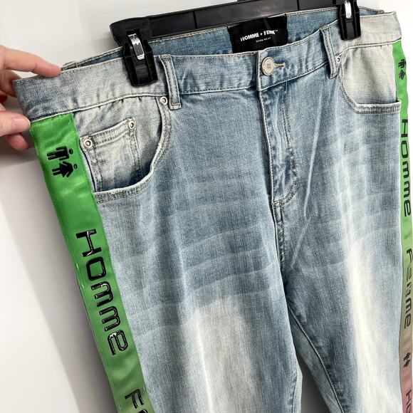 Homme + Femme NEW Tesla Skinny Blue Jeans Sz 40 Green Pink Gradient Logo Ribbon - Picture 2 of 10